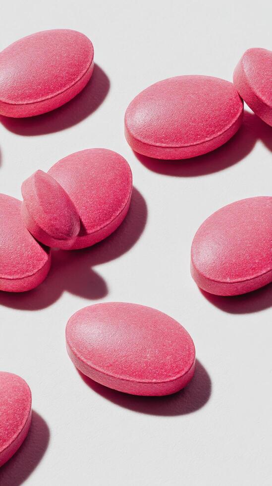 Vibrant Pink Tablets Scattered on a White Surface Showcasing Their Smooth Texture and Shape photo