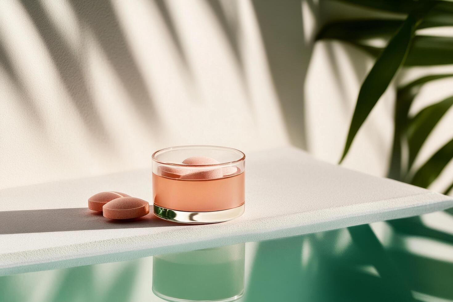 Colorful Drink and Supplements Placed on a Minimalistic Table With Shadows From Indoor Plants photo