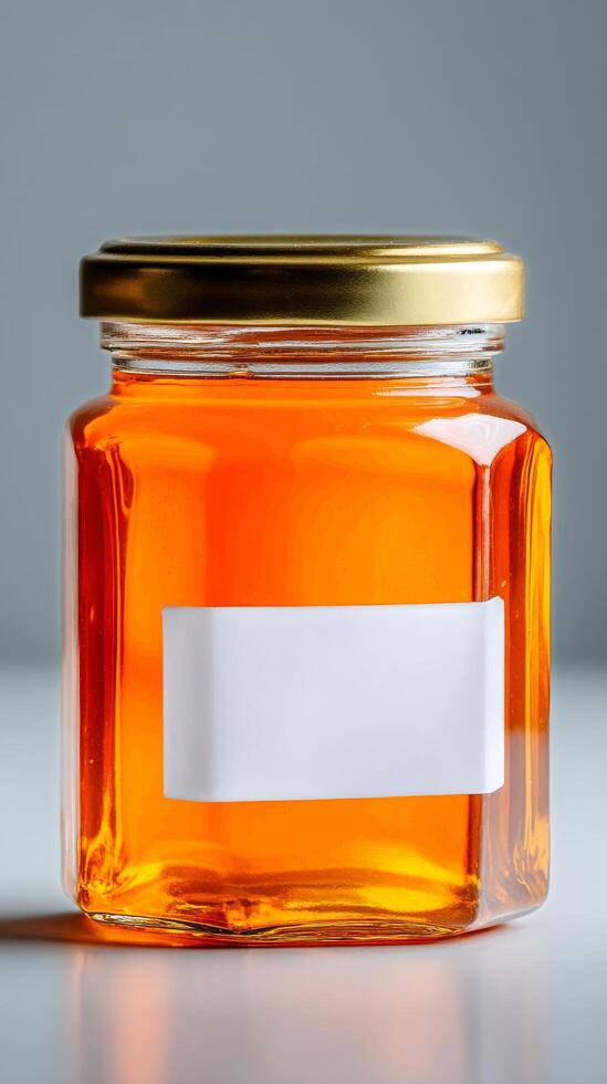 Bright Orange Honey in a Glass Jar With a Gold Lid Against a Simple Background photo