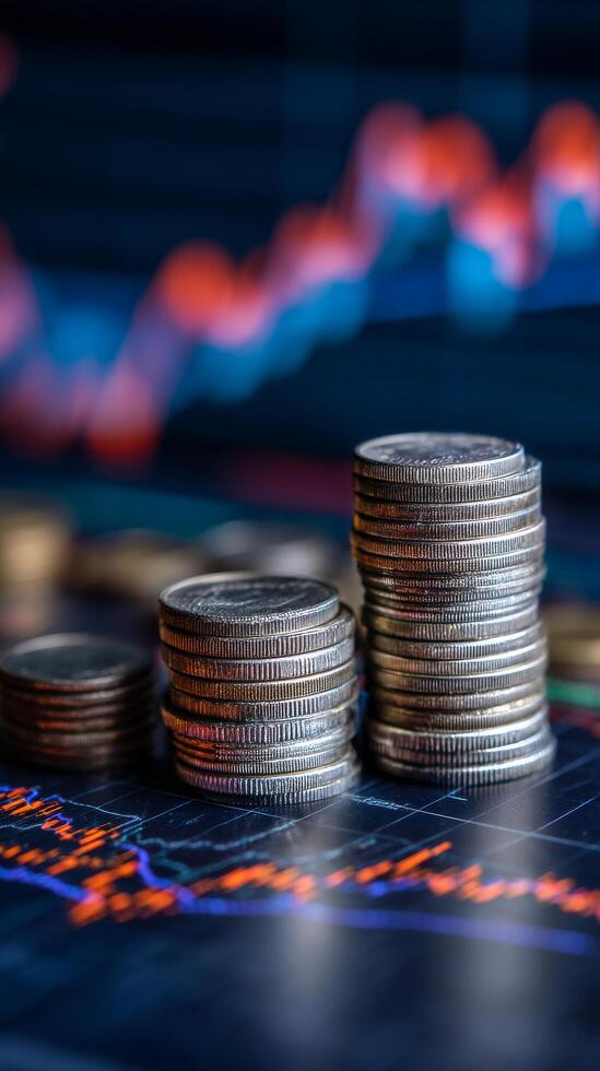 Stack of Coins With Financial Chart in Background Showing Market Trends and Analysis in Dim Light photo