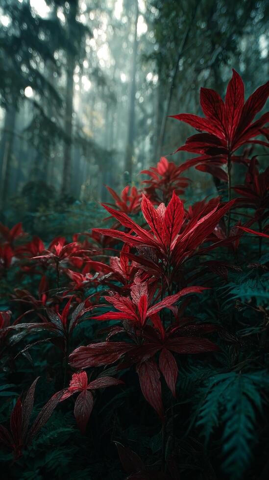 Lush Foliage With Vibrant Red Leaves in a Misty Forest at Dawn photo