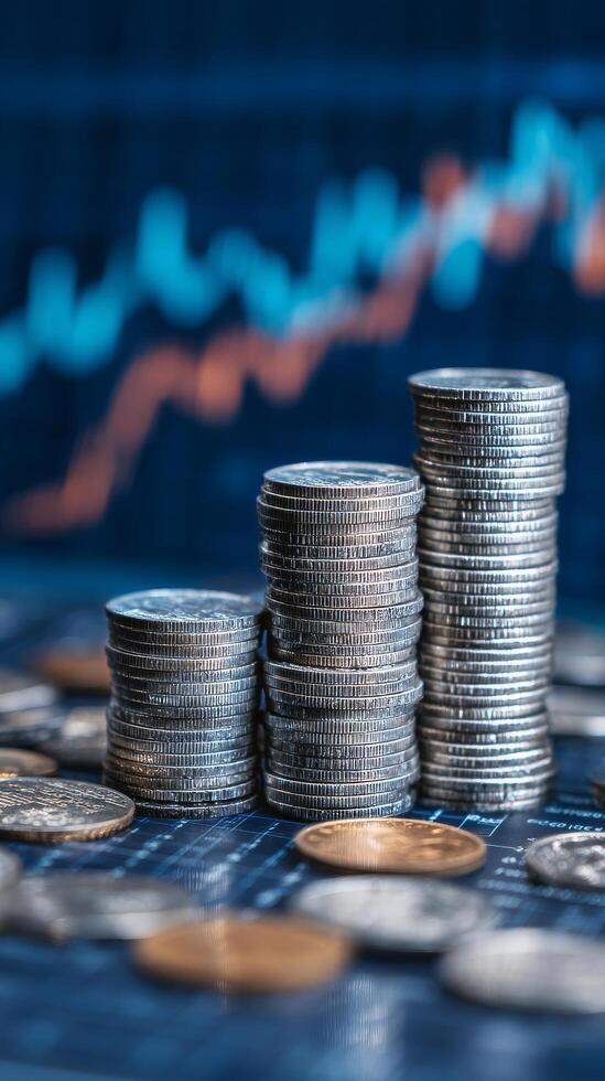 Stack of Coins With Financial Chart in Background Showing Market Trends and Analysis in Dim Light. photo
