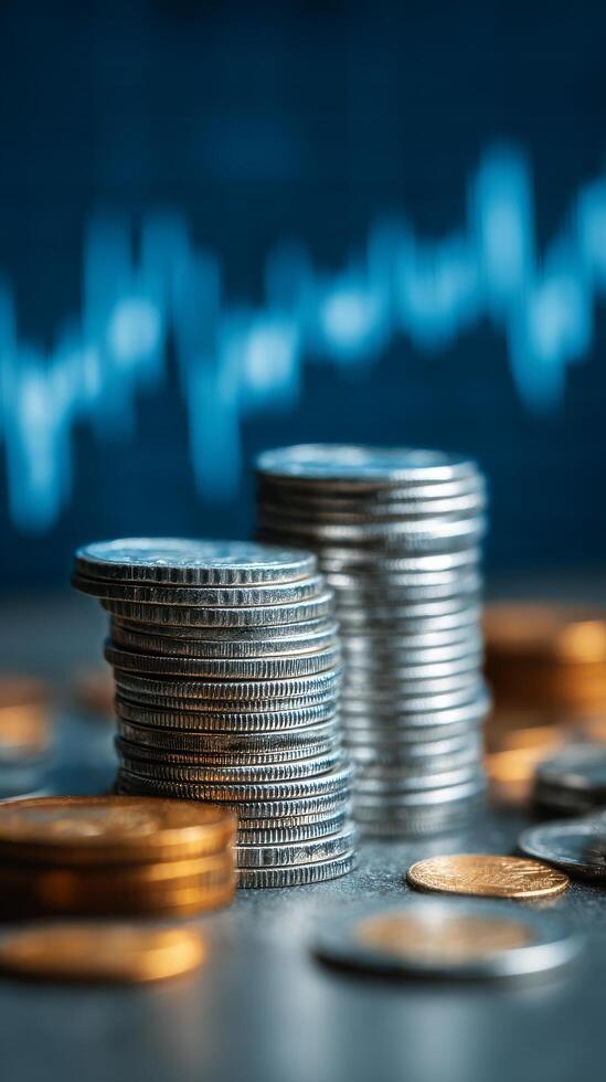 Stacked Coins Represent Financial Growth With Graph Background Showing Market Trends photo