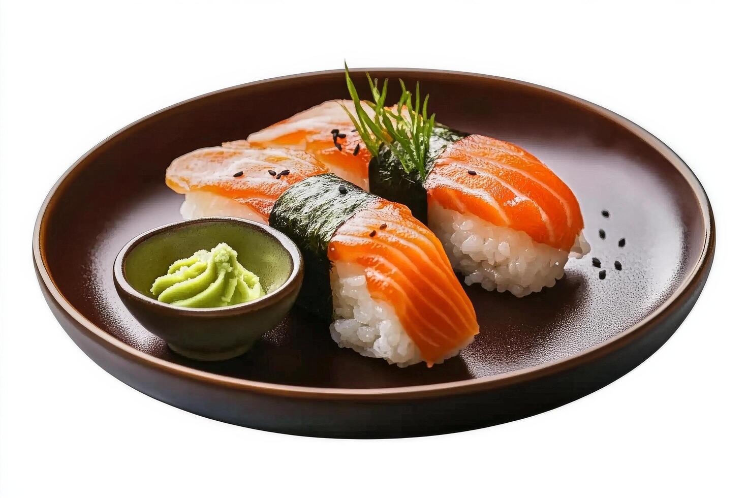 Fresh Sushi Platter Featuring Rolls and Salmon With Wasabi and Soy Sauce on Dark Ceramic Plate. photo