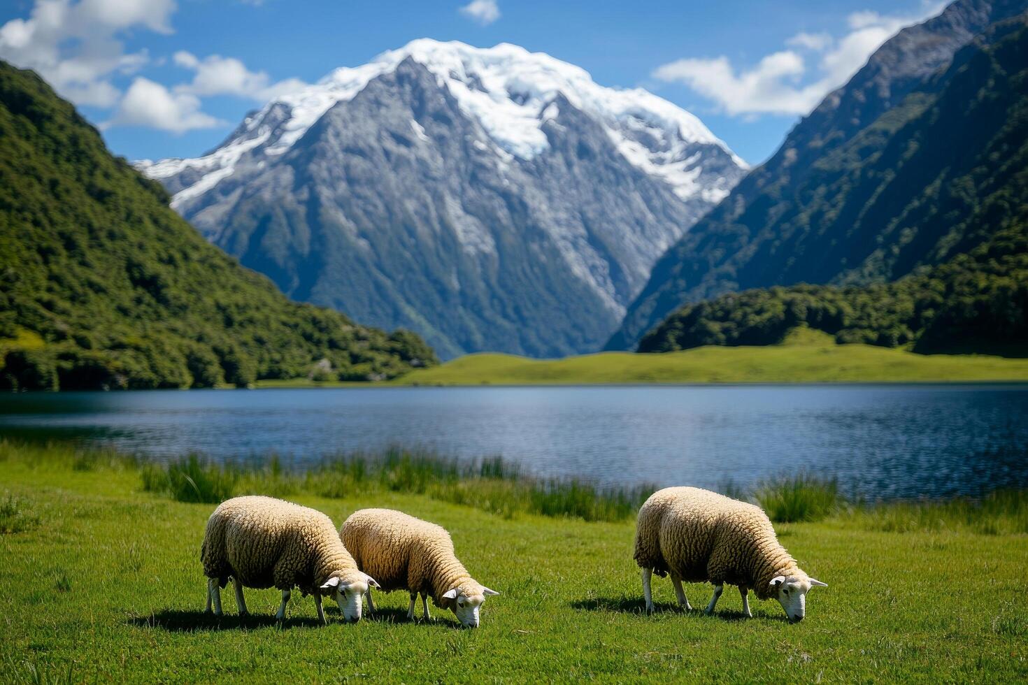 Sheep Grazing Peacefully in a Lush Valley With Snow-Capped Mountains and a Serene Lake Setting photo