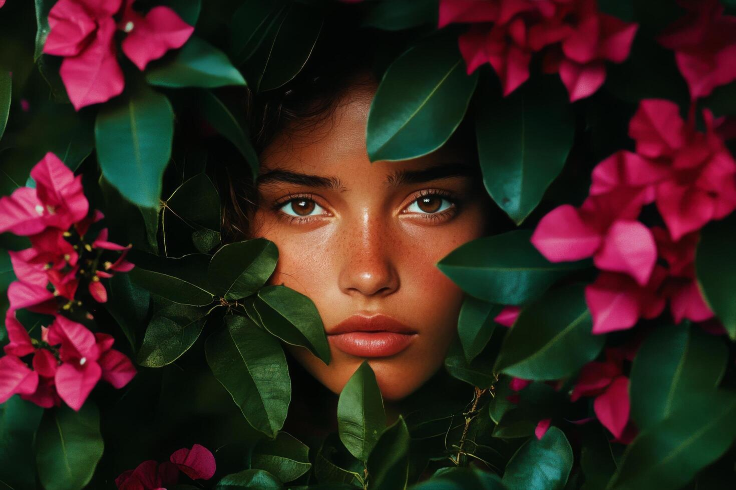 Young Woman Peering Through Vibrant Pink Flowers in Lush Green Foliage During a Sunny Day photo