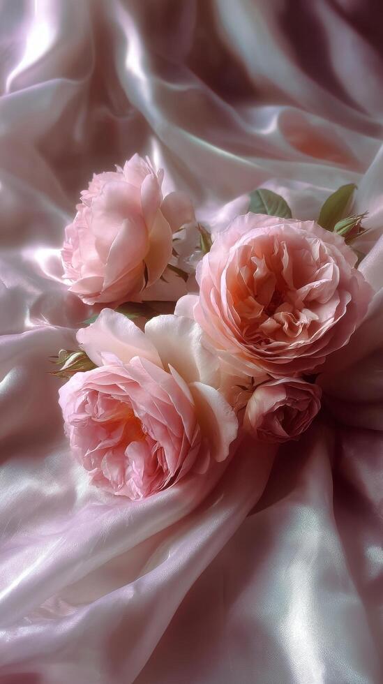 Delicate Pink Roses Arranged Beautifully With Soft Fabric in a Close-Up Setting. photo