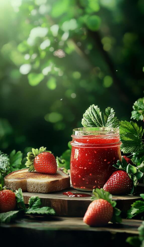 Homemade Strawberry Jam With Fresh Strawberries and Toast in a Vibrant Green Setting photo