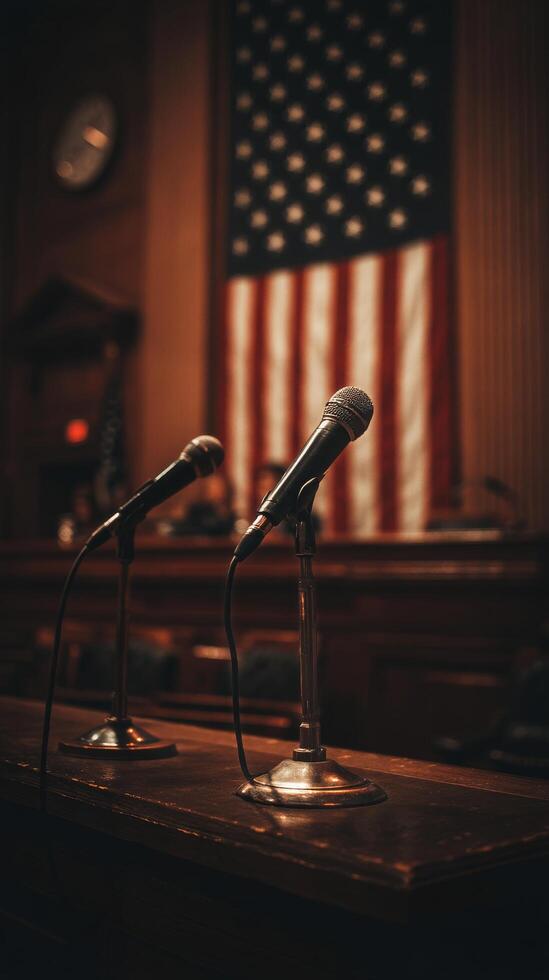 Courtroom Setup With Microphones and American Flag in the Background Before a Legal Proceeding photo