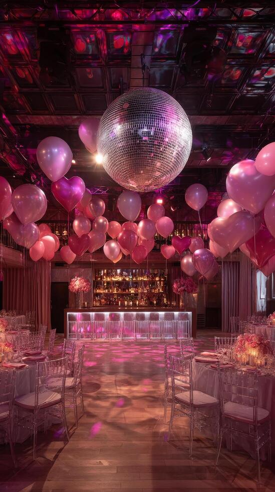 Elegant Party Setup With Purple Balloons and a Disco Ball in a Lively Venue. photo