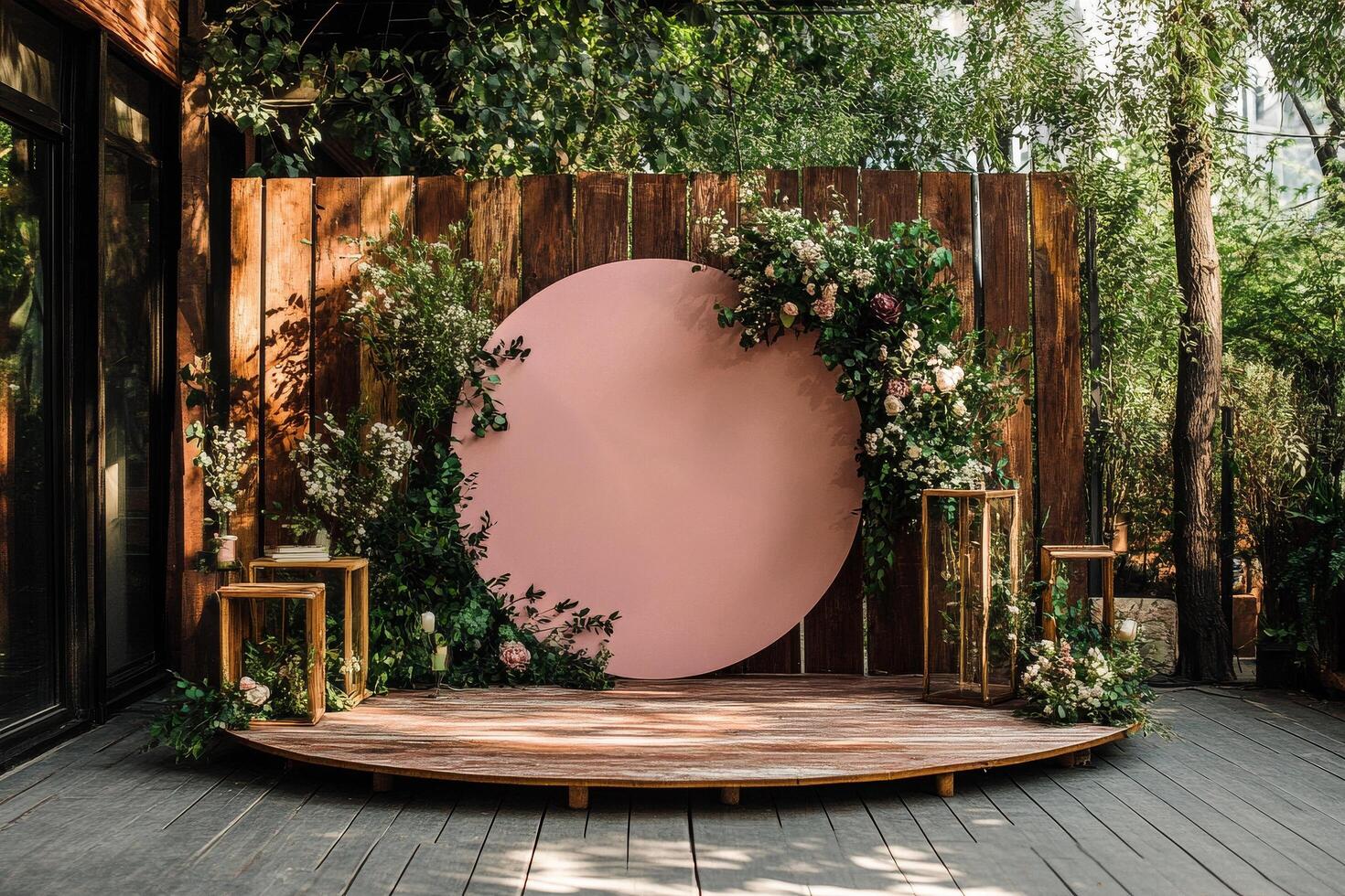 Elegant Outdoor Decoration Setup for a Special Event With Floral Accents and a Circular Backdrop photo