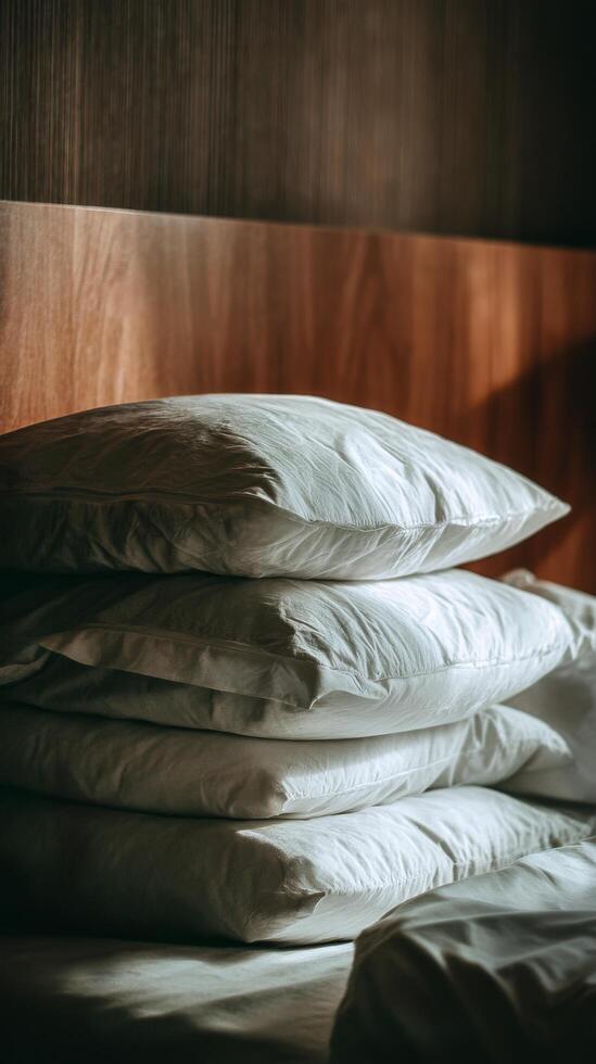 Soft White Pillows Stacked Against a Wooden Wall in Warm Afternoon Light. photo