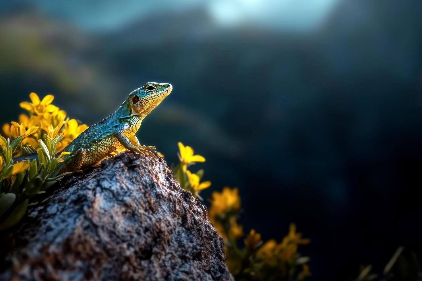 Colorful Lizard Resting on a Rock With Yellow Flowers in a Serene Mountainous Landscape photo