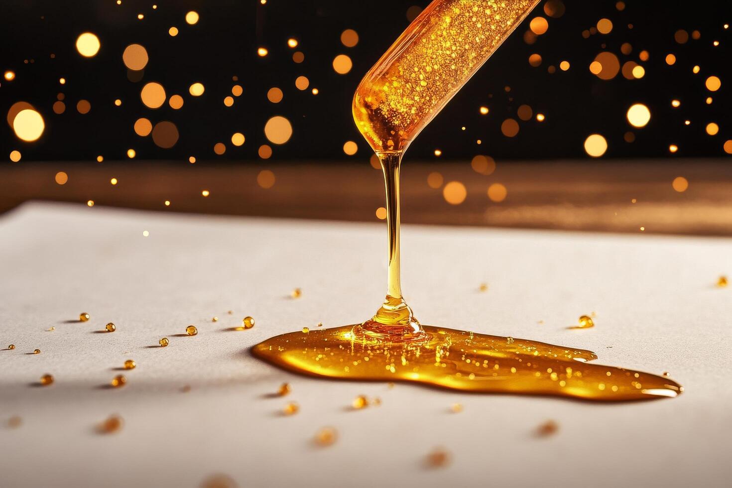 Golden Honey Dripping From a Honey Dipper on a Smooth Surface With Sparkling Particles in Soft Light. photo