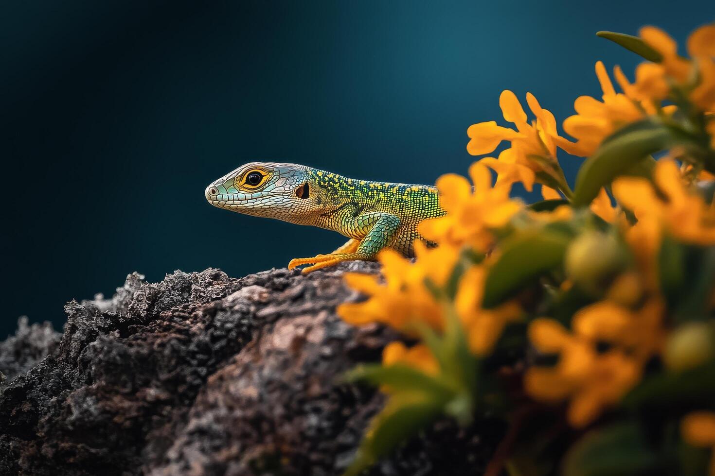 Colorful Lizard Basking on a Branch Near Vibrant Yellow Flowers in a Natural Habitat. photo