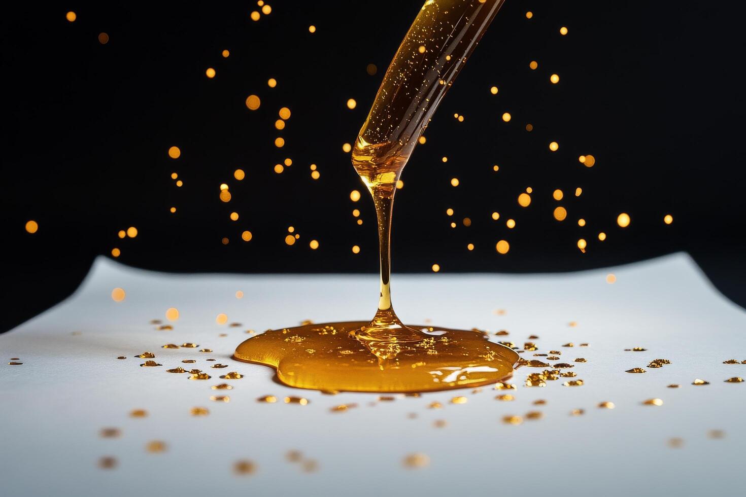 Golden Honey Drizzling From a Honey Dipper on a Gray Surface With Sparkling Droplets. photo