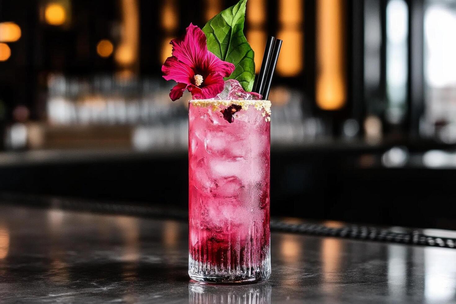 Refreshing Cocktail Adorned With Flowers Served at a Stylish Bar During a Lively Evening. photo