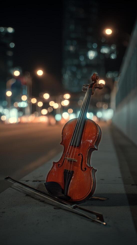 Violin Resting on the Sidewalk Under City Lights at Night photo