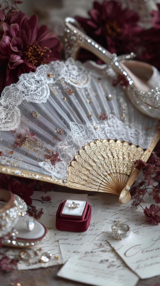 Exquisite Wedding Accessories on Display With Elegant Fan, Shoes, and Jewelry at Romantic Setting. photo