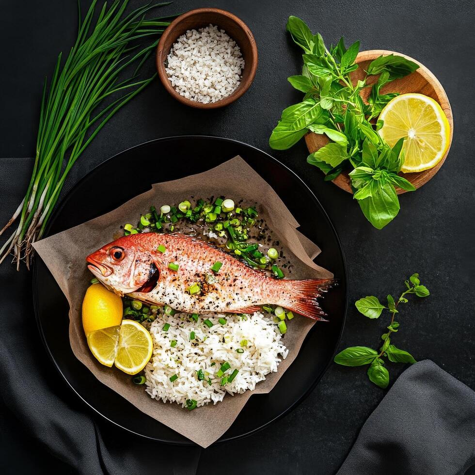 Fresh Fish Prepared With Rice and Garnishes on a Dark Textured Surface. photo