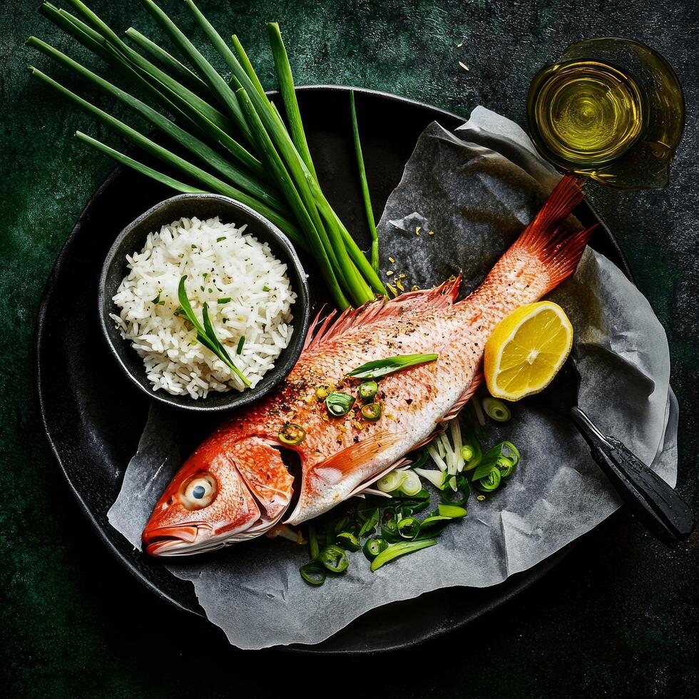 Fresh Fish Prepared With Rice and Garnishes on a Dark Textured Surface photo