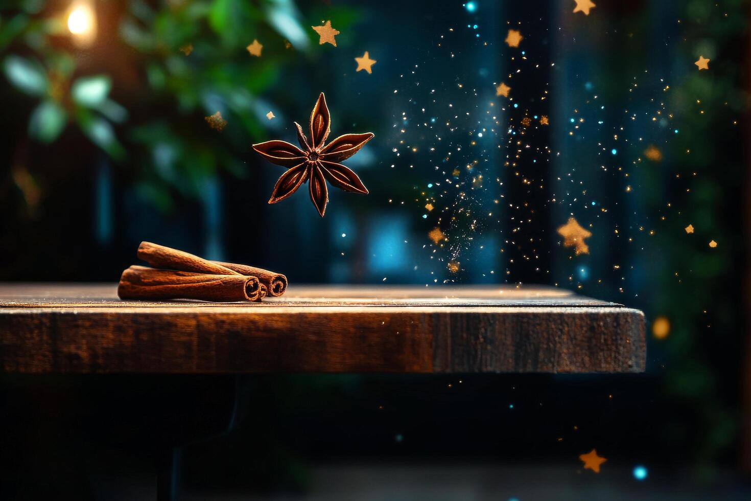 Star Anise Floats Above Cinnamon Sticks in a Dark, Cozy Setting With Lights and Decorations photo