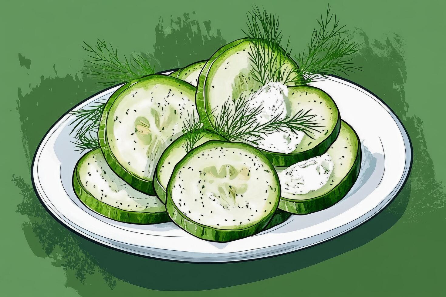 Freshly Sliced Cucumbers With Dill and Spices on a White Plate Against a Green Background photo