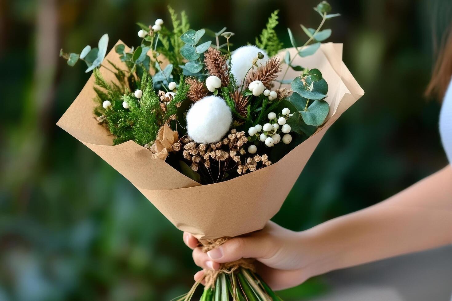Unique Bouquet of Dried Flowers and Greenery Held in a Hand Surrounded by Natural Background photo