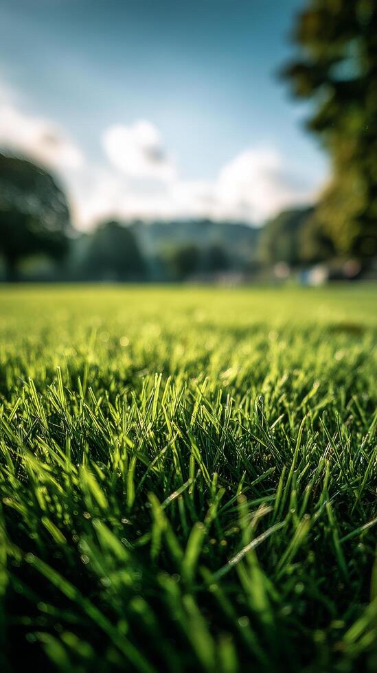 Green Grass in a Park During Golden Hour With Trees and Soft Sunlight Illuminating the Area. photo