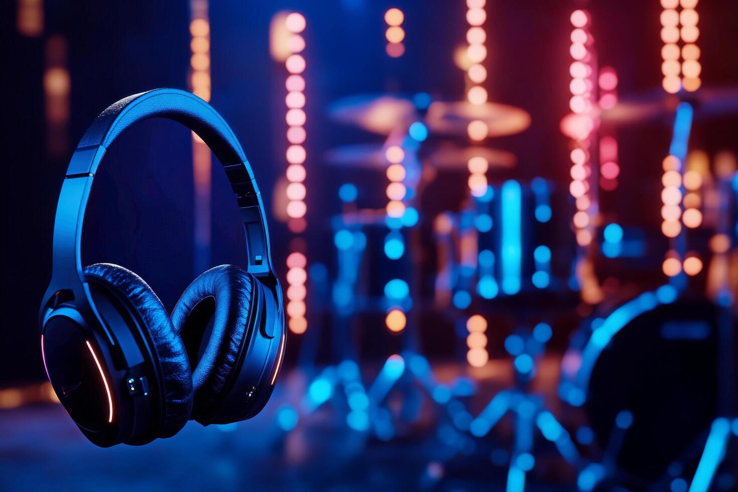 Headphones Hang in a Colorful Music Studio With Drums in the Background During a Recording Session photo