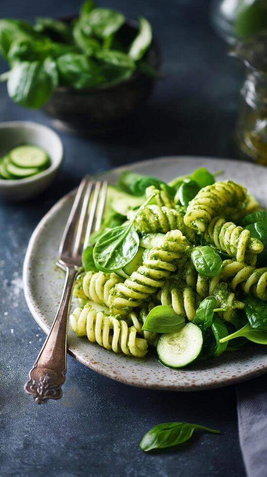 Fresh Pasta Salad With Spinach and Cucumber on a Rustic Plate photo