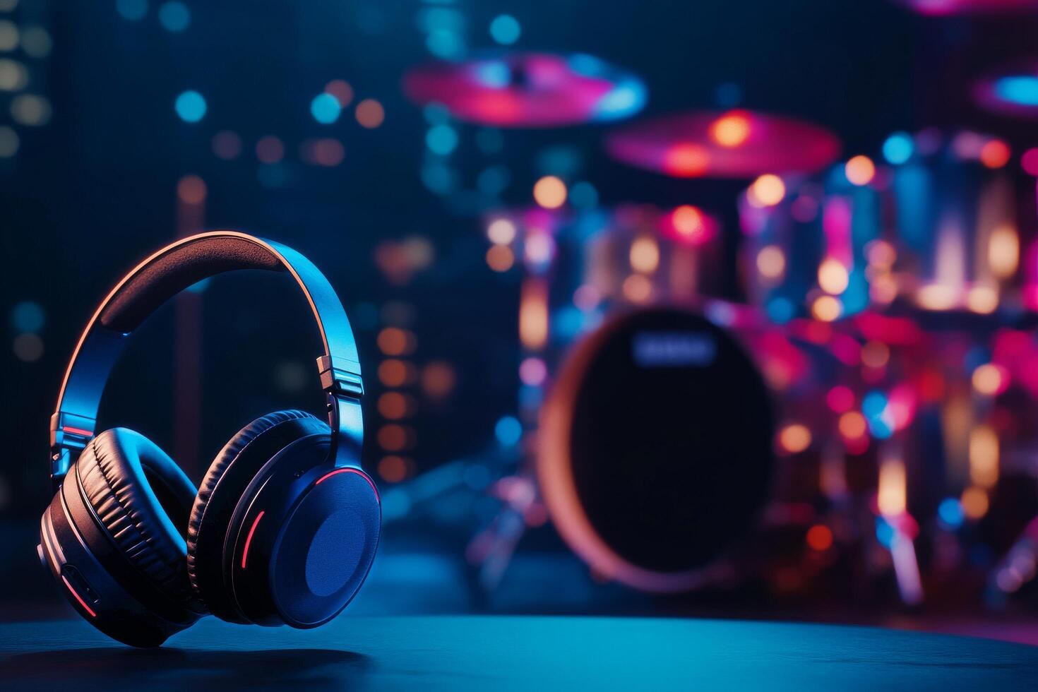 Headphones Hang in a Colorful Music Studio With Drums in the Background During a Recording Session. photo