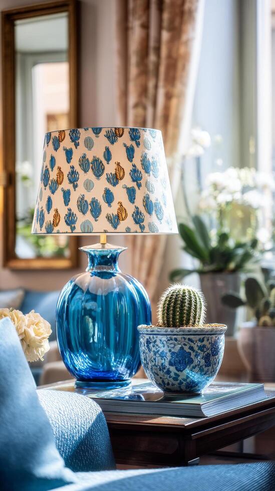 Bright Living Room Decor Featuring a Blue Vase Lamp and Unique Cactus Arrangement in Natural Light photo