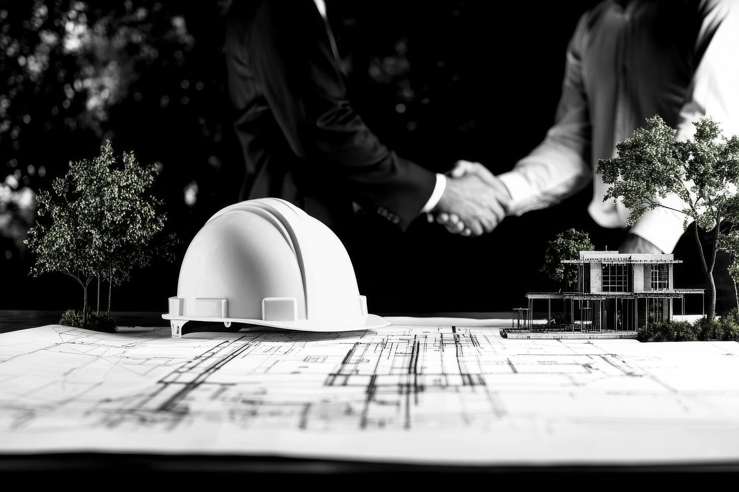 Contract Signing Between Business Partners at a Construction Site With Blueprints and Safety Helmet Present photo