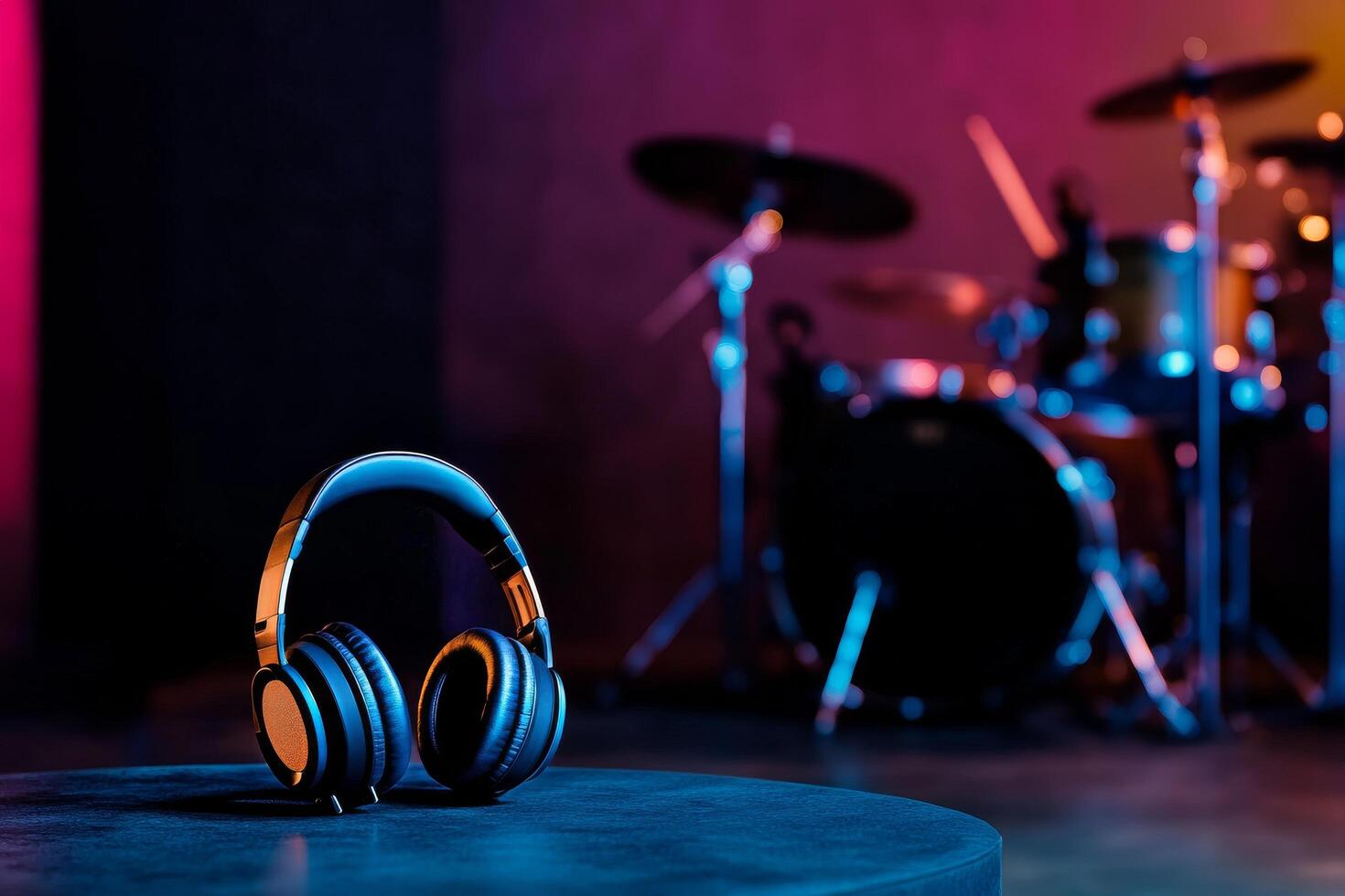 Stylish Headphones Float Near a Vibrant Drum Set in a Music Studio. photo