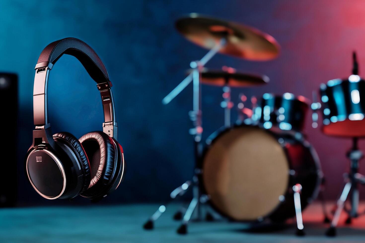 Stylish Headphones Float Near a Vibrant Drum Set in a Music Studio photo