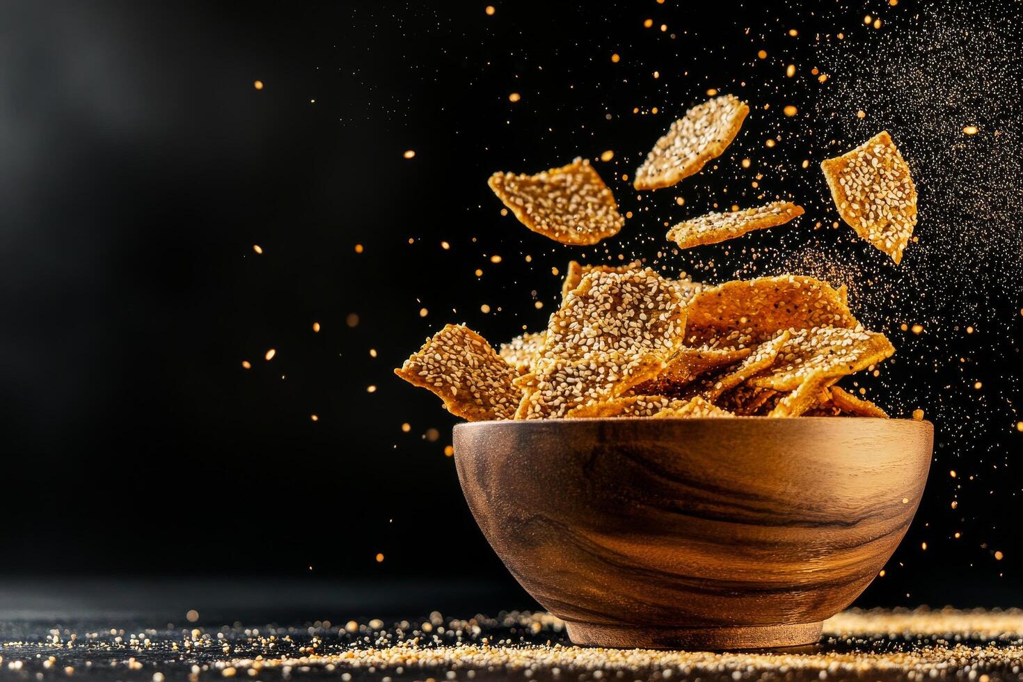 Crunchy Sesame Crackers Flying From Wooden Bowl With Golden Dust in Dark Background photo
