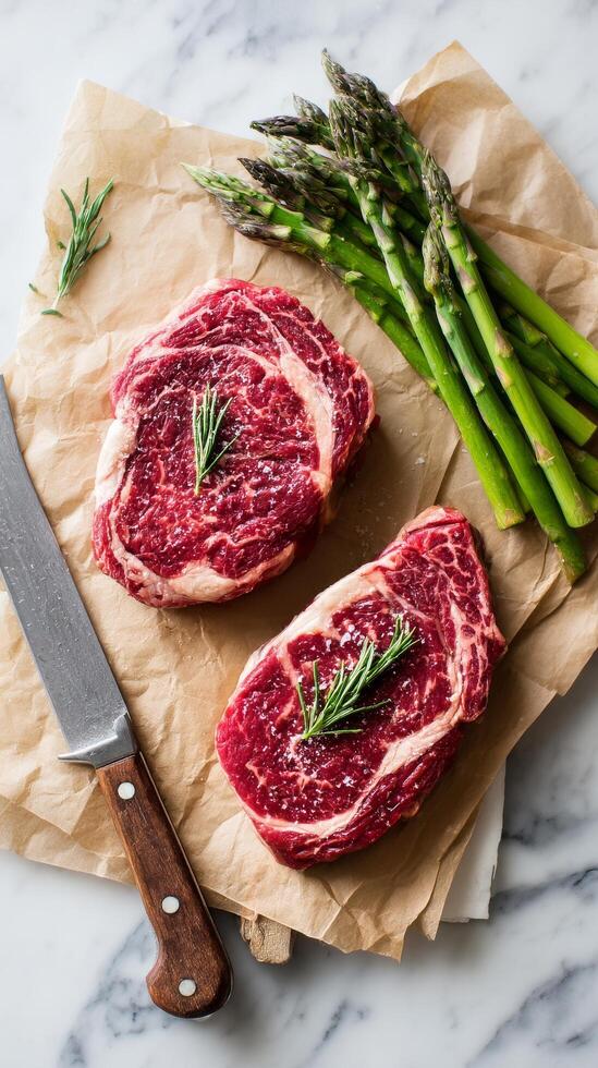 Freshly Cut Ribeye Steaks With Asparagus on a Marble Countertop Ready for Cooking photo