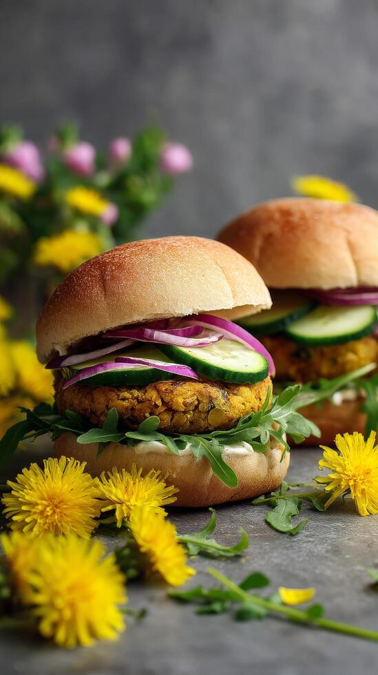 Delicious Veggie Burgers Garnished With Fresh Vegetables and Flowers in a Rustic Setting photo