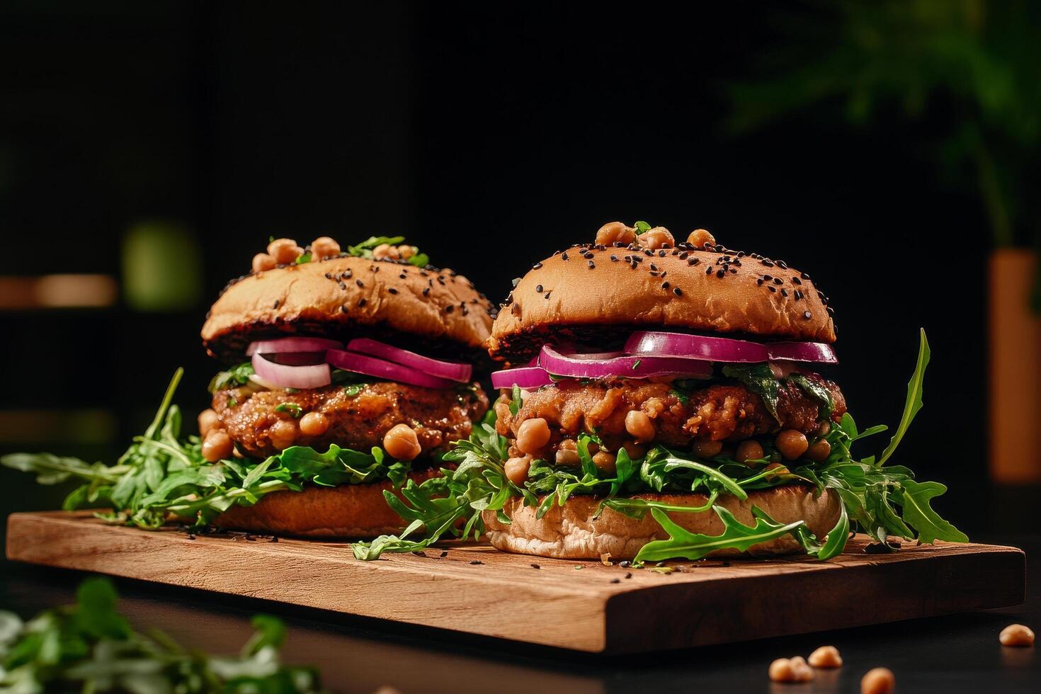 Delicious Gourmet Burgers With Fresh Ingredients Displayed on a Wooden Board photo