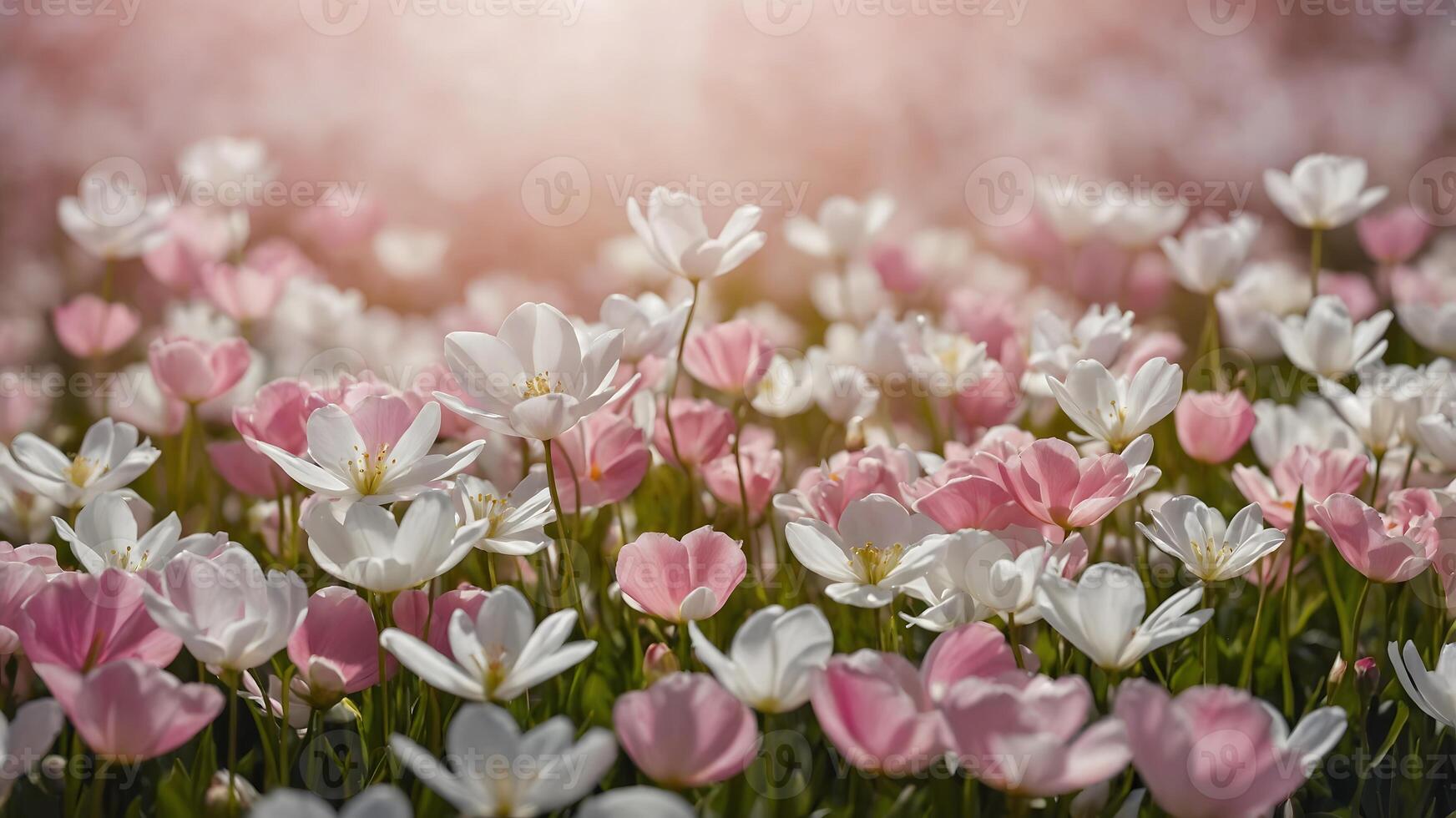 Blooming field of pink and white flowers with soft sunlight and bokeh effect photo