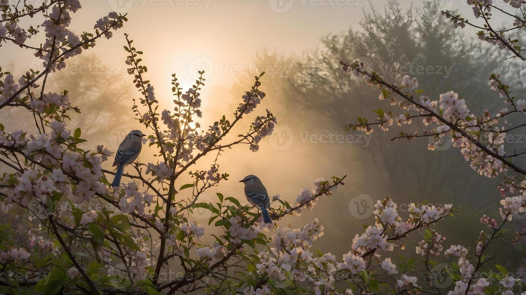 Two birds on blooming branches in misty sunrise forest with cherry blossoms, peaceful spring nature and wildlife concept photo