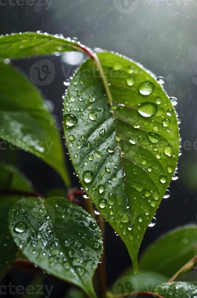 Heavy raindrops collecting on vivid green leaves during downpour. Nature's vitality close up photo