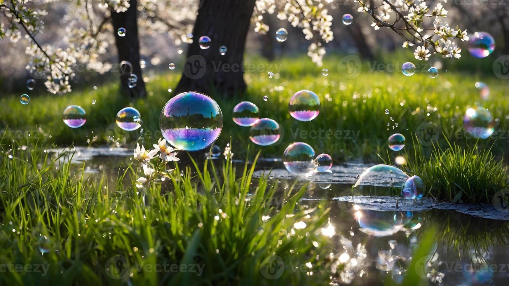 Whimsical Soap Bubbles Reflecting Spring Blooms Over Grassy Waterscape photo