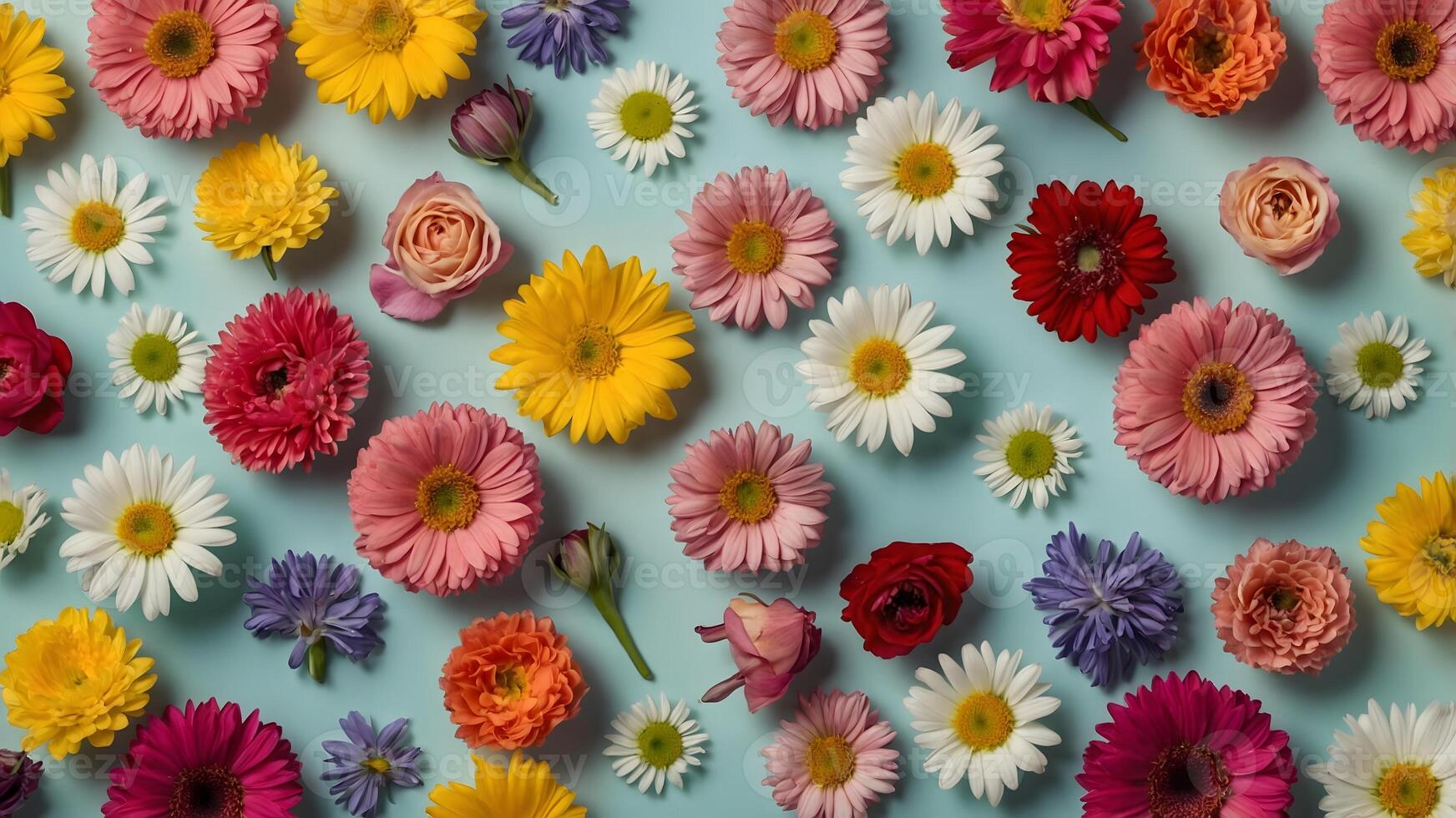 Top view of assorted spring flowers arranged on pastel blue background, vibrant seasonal composition in flat lay style photo