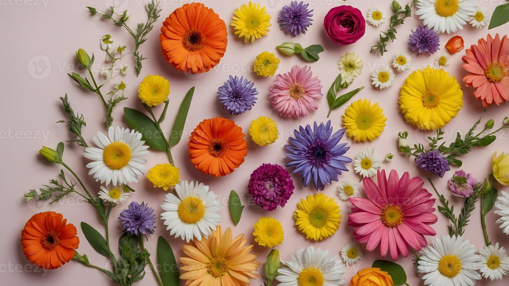 Flat lay of colorful spring flowers on soft pink background, featuring daisies, marigolds, asters, and ranunculus blooms photo