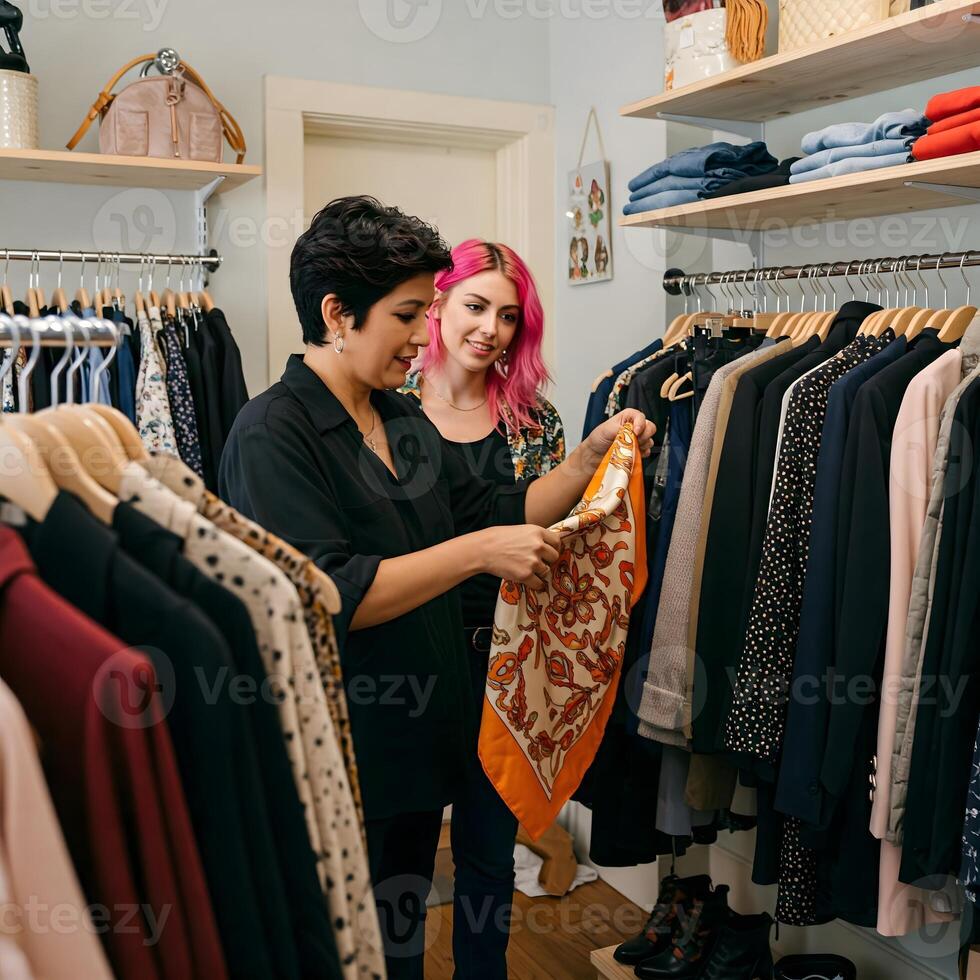 Boutique Owner Assisting Customer with Scarf Selection in Trendy Clothing Store photo