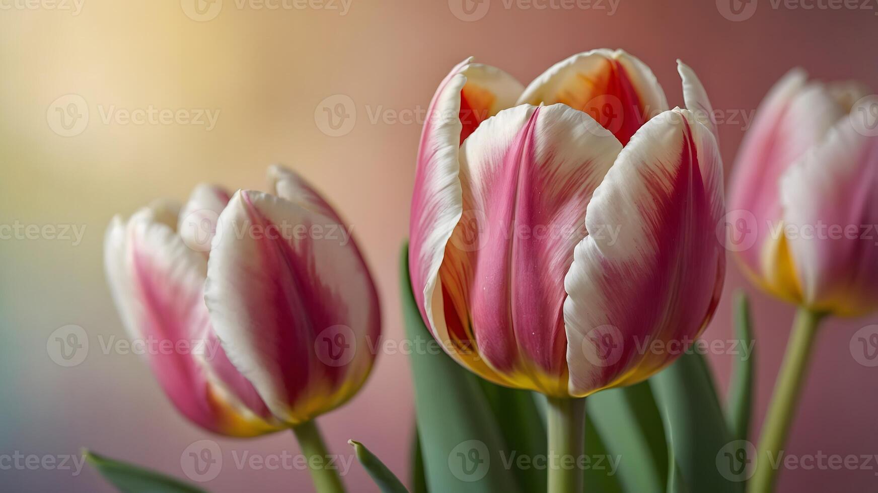 Three blooming red and white tulips with green leaves on gradient background photo