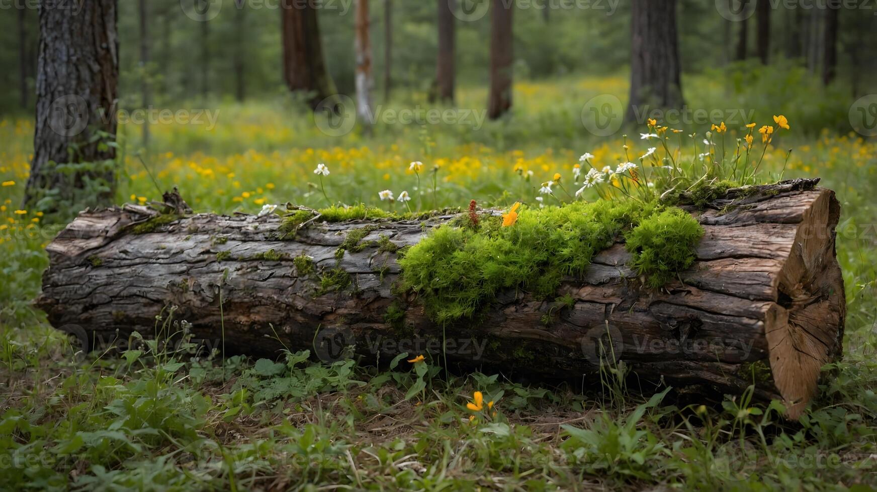 Moss-Covered Fallen Log in Forest with Wildflowers and Lush Greenery. photo