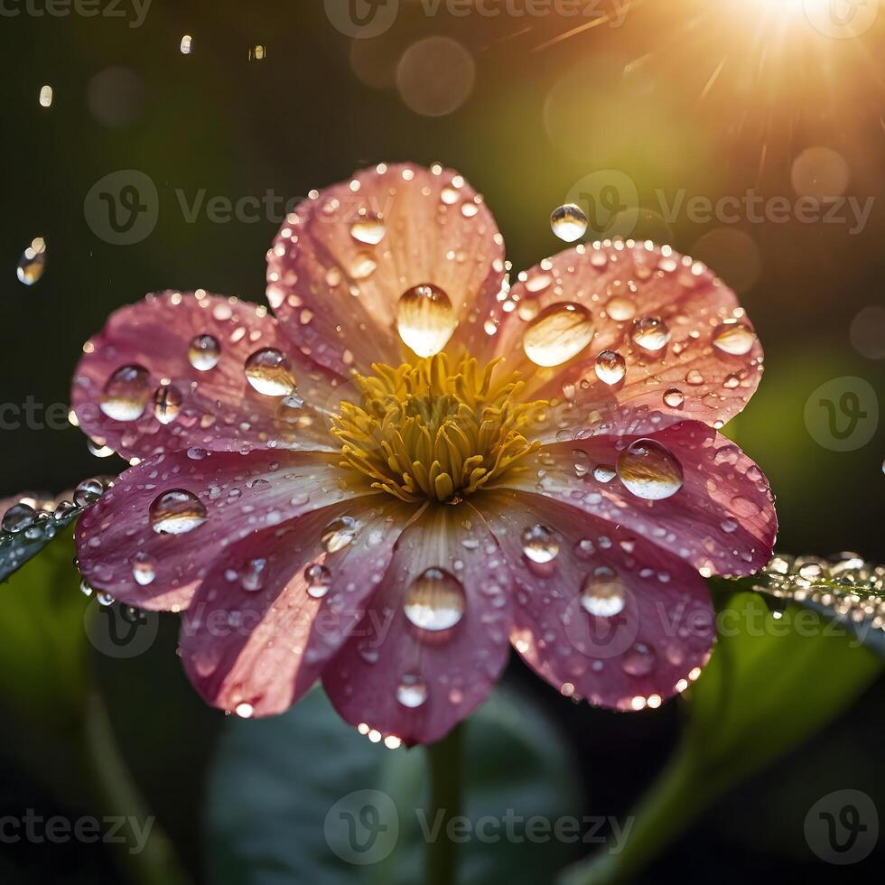 Macro of pink flower with large raindrops on petals, warm sunlight backlight y bokeh. Fresh nature photo